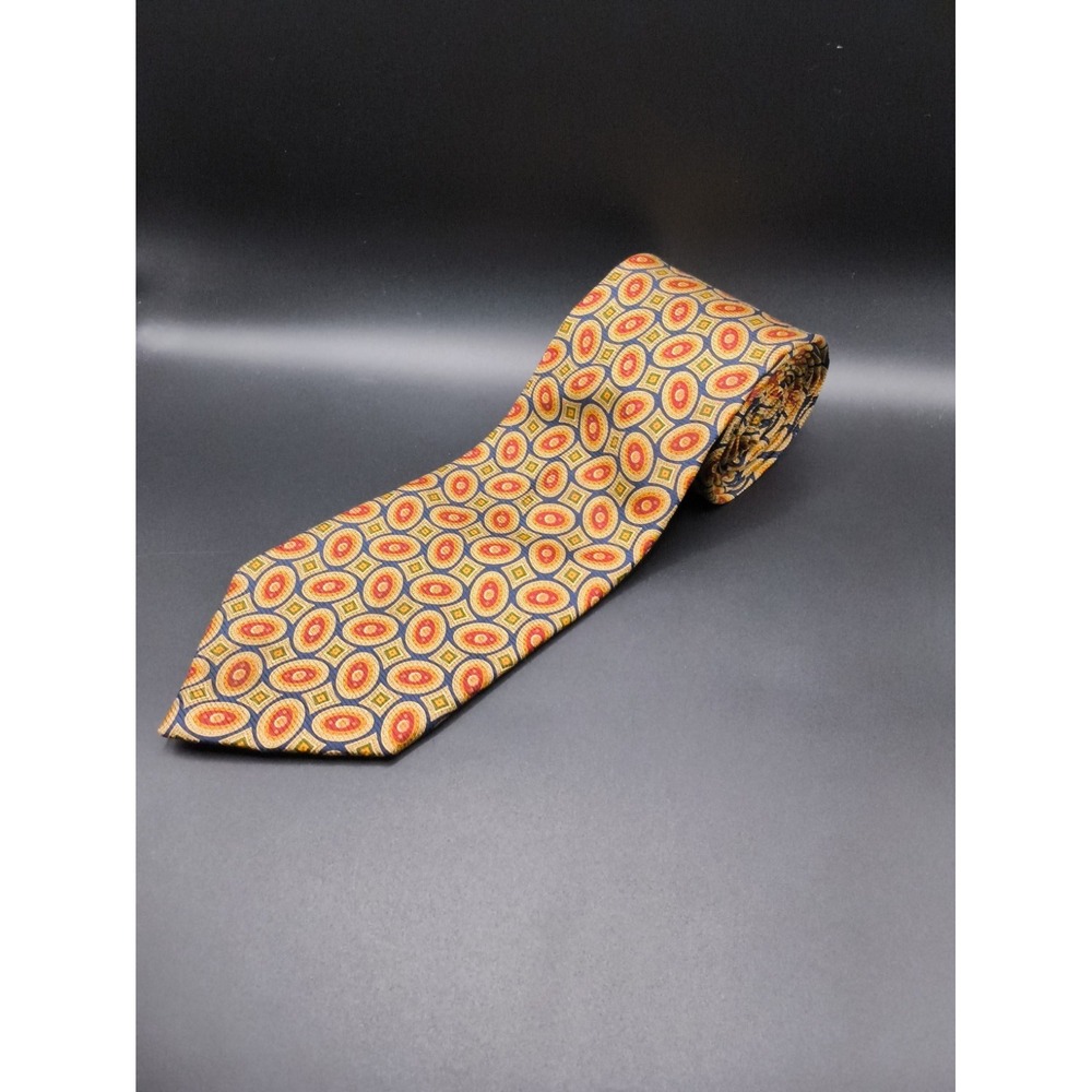 Vintage Brooks Brothers Makers Silk Tie Navy Red Gold Medallion Geometric USA
